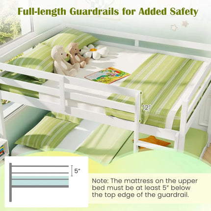 Full Over Full Bunk Bed Low-to-ground Bunk Bed-White - White - Bunk Bed Frame