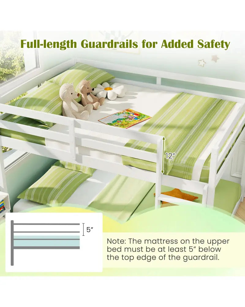 Full Over Full Bunk Bed Low-to-ground Bunk Bed-White - White - Bunk Bed Frame