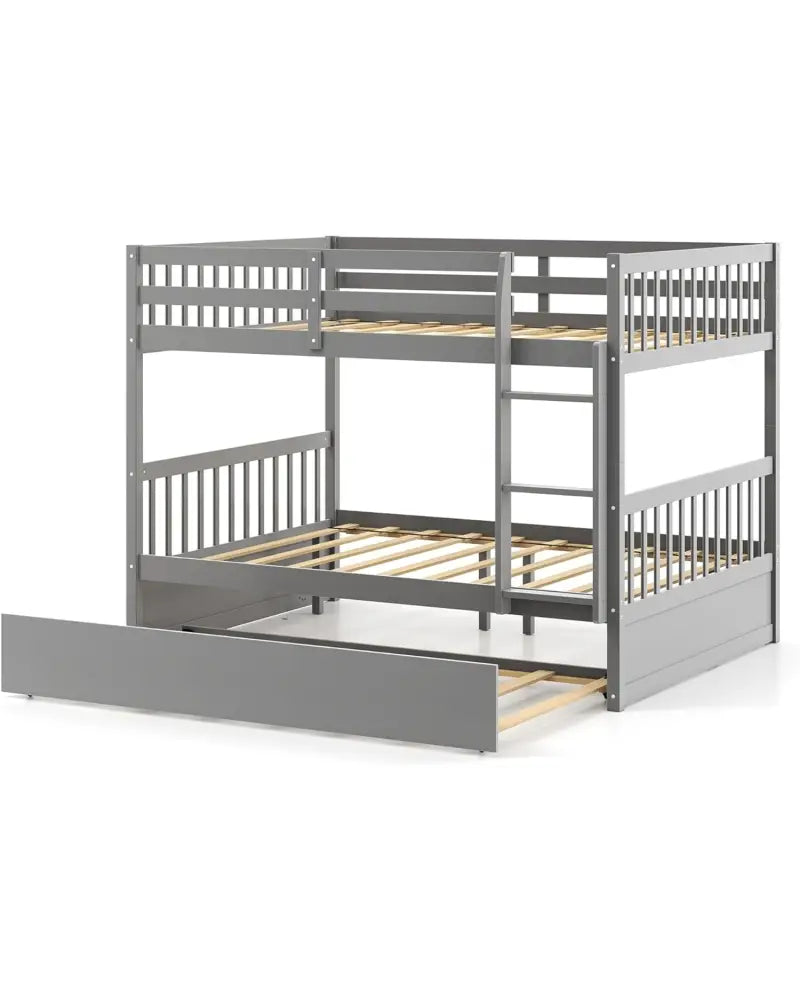 Full over Full Bunk Bed Platform Wood Bed with Ladder-Gray - Gray - Bunk Bed Frame