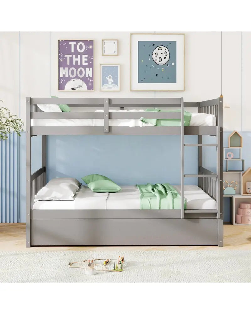 Full over Full Bunk Bed Platform Wood Bed with Ladder-Gray - Gray - Bunk Bed Frame