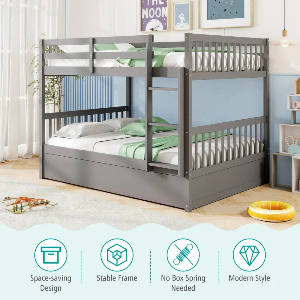 Full over Full Bunk Bed Platform Wood Bed with Ladder-Gray - Gray - Bunk Bed Frame