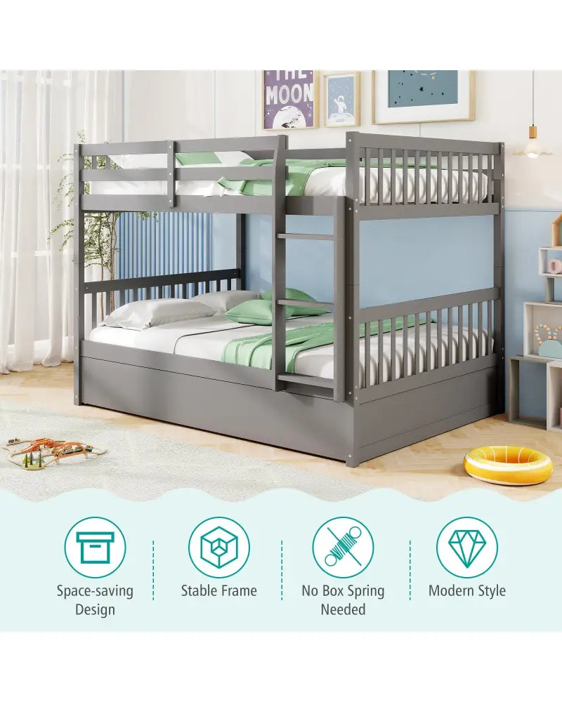Full over Full Bunk Bed Platform Wood Bed with Ladder-Gray - Gray - Bunk Bed Frame