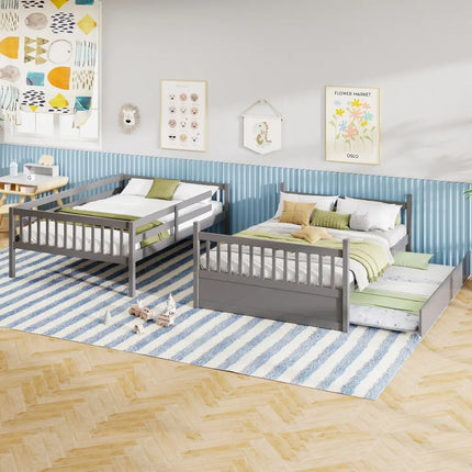Full over Full Bunk Bed Platform Wood Bed with Ladder-Gray - Gray - Bunk Bed Frame
