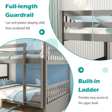 Full over Full Bunk Bed Platform Wood Bed with Ladder-Gray - Gray - Bunk Bed Frame