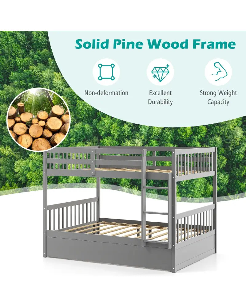 Full over Full Bunk Bed Platform Wood Bed with Ladder-Gray - Gray - Bunk Bed Frame