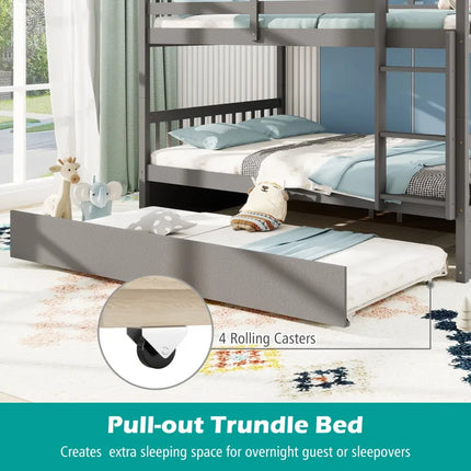 Full over Full Bunk Bed Platform Wood Bed with Ladder-Gray - Gray - Bunk Bed Frame