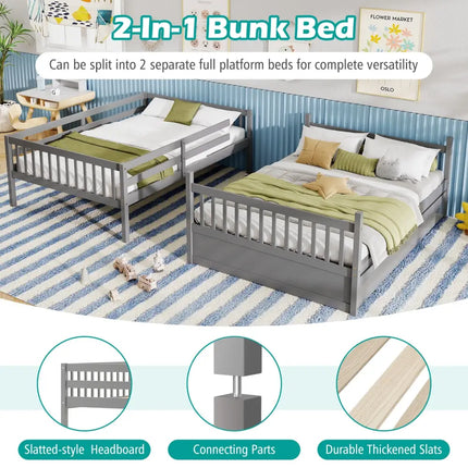 Full over Full Bunk Bed Platform Wood Bed with Ladder-Gray - Gray - Bunk Bed Frame