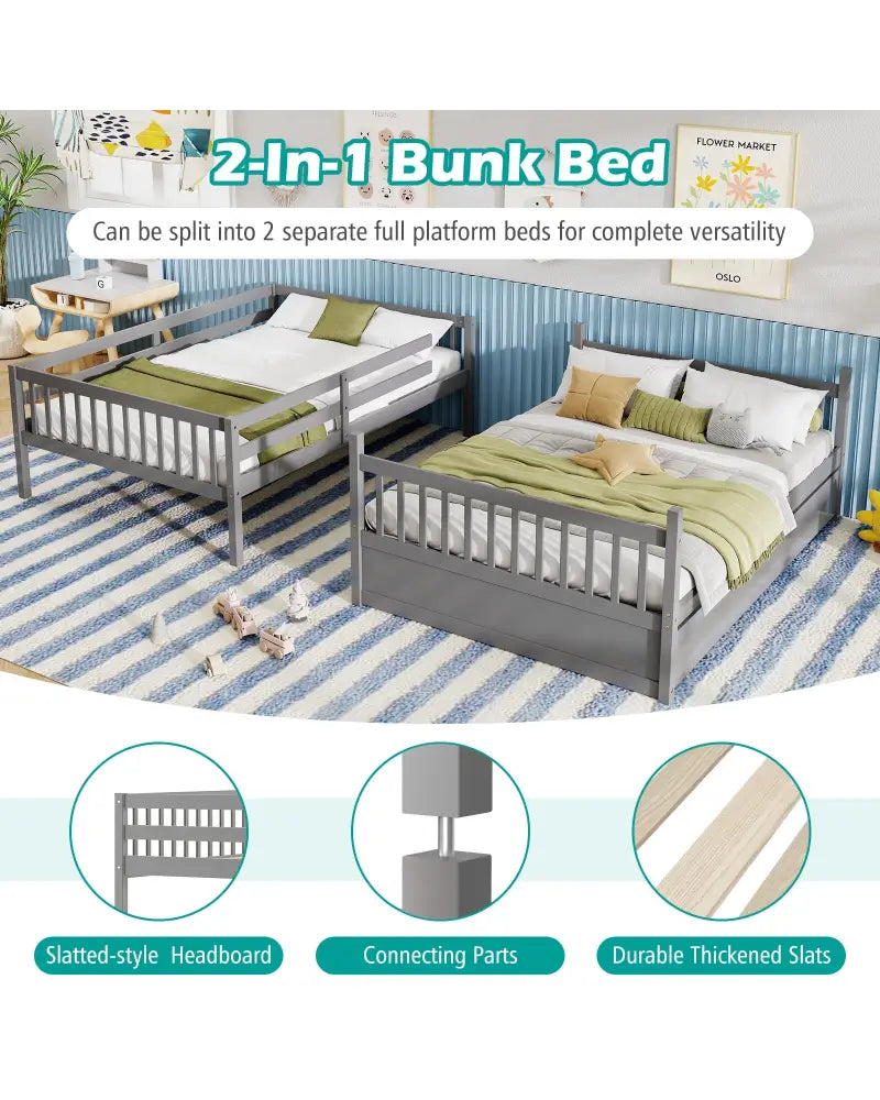 Full over Full Bunk Bed Platform Wood Bed with Ladder-Gray - Gray - Bunk Bed Frame