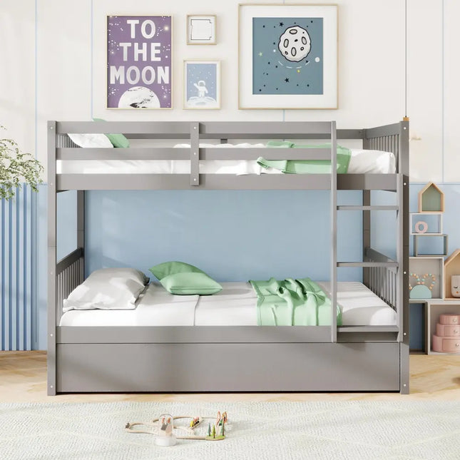 Full over Full Bunk Bed Platform Wood Bed with Ladder-Gray - Gray - Bunk Bed Frame