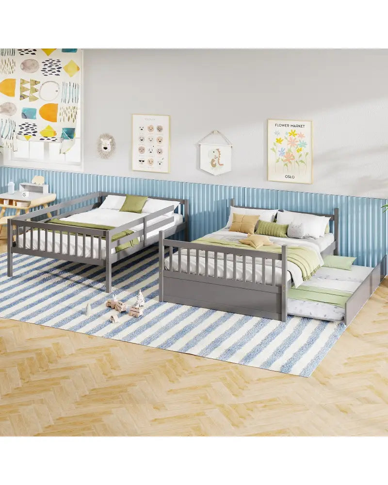 Full over Full Bunk Bed Platform Wood Bed with Ladder-Gray - Gray - Bunk Bed Frame