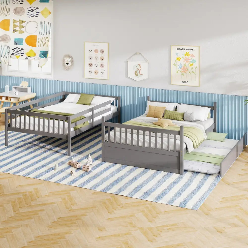 Full over Full Bunk Bed Platform Wood Bed with Ladder-Gray - Gray - Bunk Bed Frame