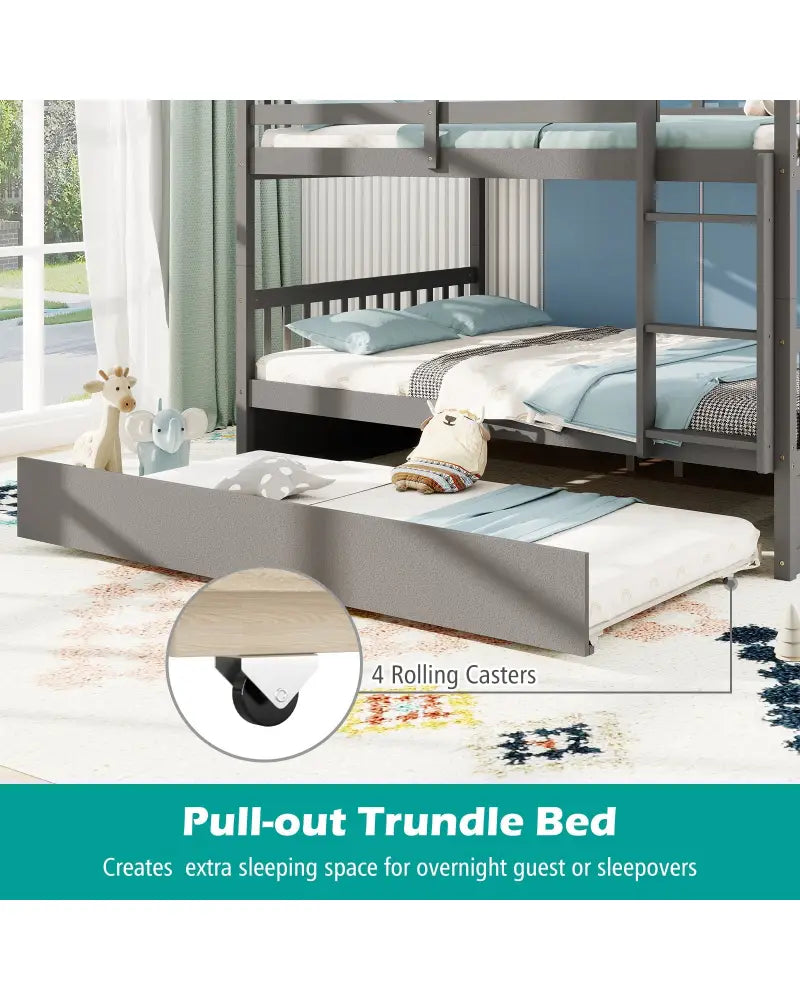 Full over Full Bunk Bed Platform Wood Bed with Ladder-Gray - Gray - Bunk Bed Frame