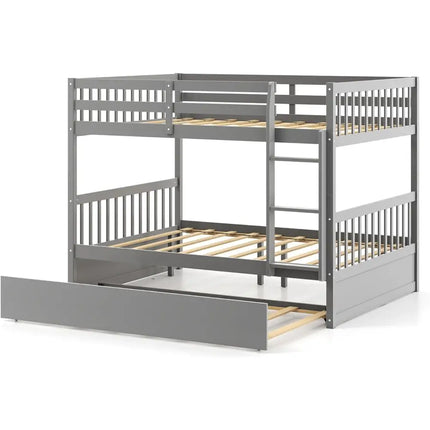 Full over Full Bunk Bed Platform Wood Bed with Ladder-Gray - Gray - Bunk Bed Frame