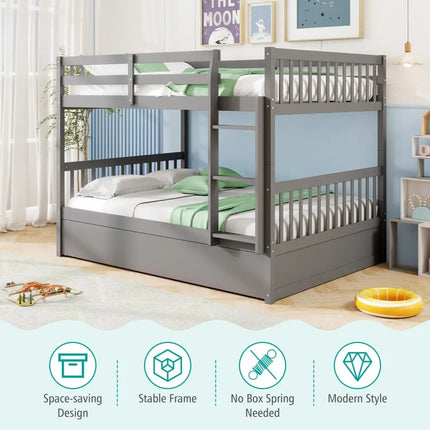 Full over Full Bunk Bed Platform Wood Bed with Ladder-Gray - Gray - Bunk Bed Frame