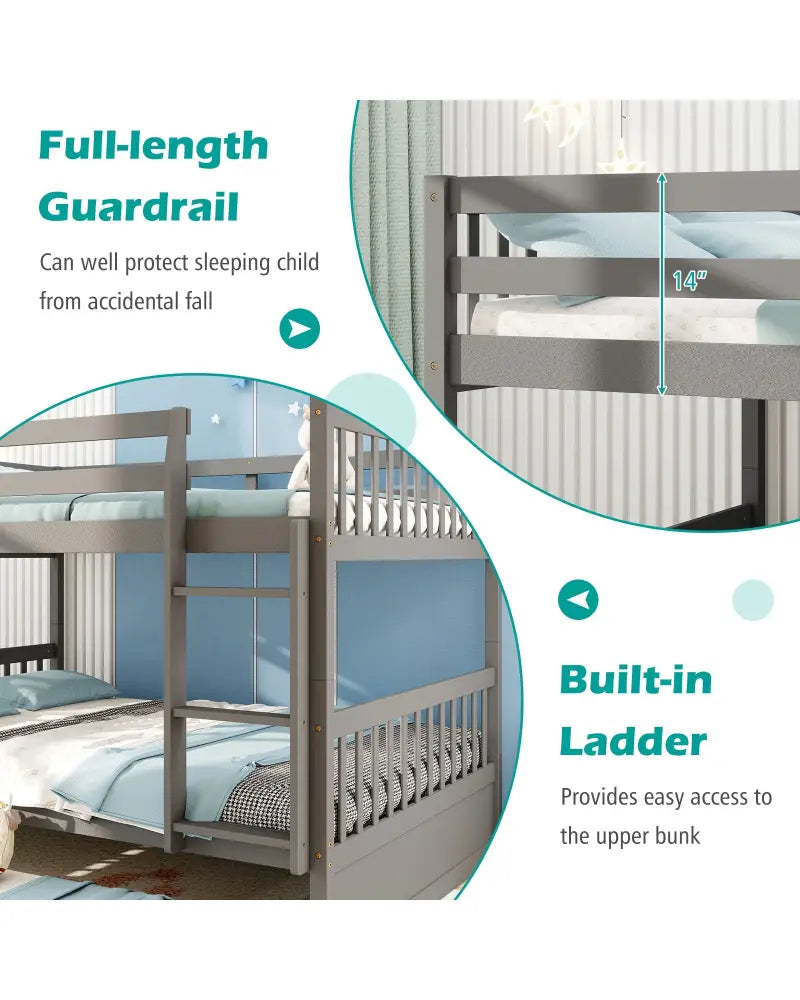 Full over Full Bunk Bed Platform Wood Bed with Ladder-Gray - Gray - Bunk Bed Frame