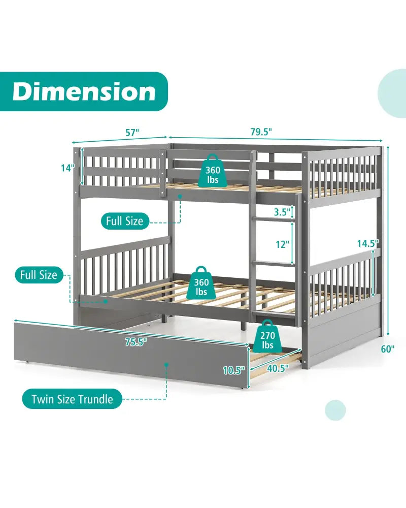 Full over Full Bunk Bed Platform Wood Bed with Ladder-Gray - Gray - Bunk Bed Frame