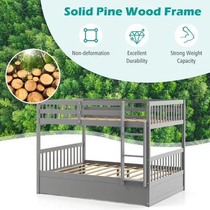 Full over Full Bunk Bed Platform Wood Bed with Ladder-Gray - Gray - Bunk Bed Frame