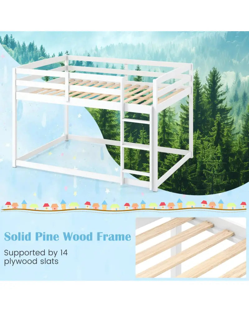 Full Over Full Bunk Bed with Integrated Ladder and Safety Guardrails Solid Wood-White - White - Bunk Bed Frame