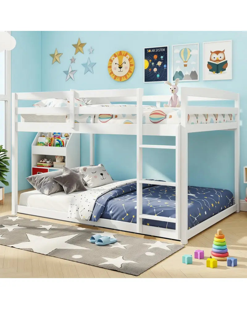 Full Over Full Bunk Bed with Integrated Ladder and Safety Guardrails Solid Wood-White - White - Bunk Bed Frame