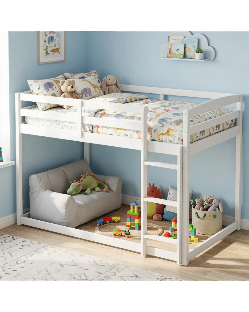Full Over Full Bunk Bed with Integrated Ladder and Safety Guardrails Solid Wood-White - White - Bunk Bed Frame