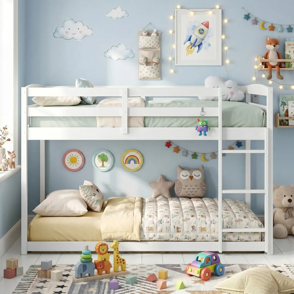 Full Over Full Bunk Bed with Integrated Ladder and Safety Guardrails Solid Wood-White - White - Bunk Bed Frame