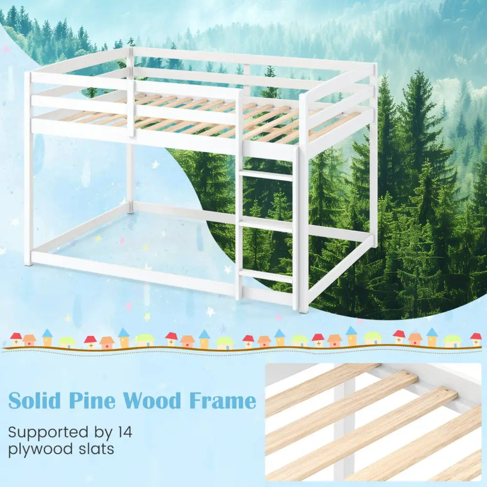 Full Over Full Bunk Bed with Integrated Ladder and Safety Guardrails Solid Wood-White - White - Bunk Bed Frame