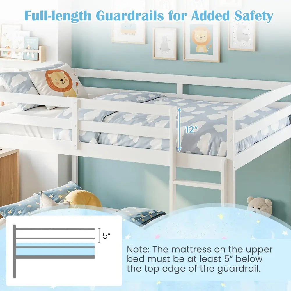Full Over Full Bunk Bed with Integrated Ladder and Safety Guardrails Solid Wood-White - White - Bunk Bed Frame