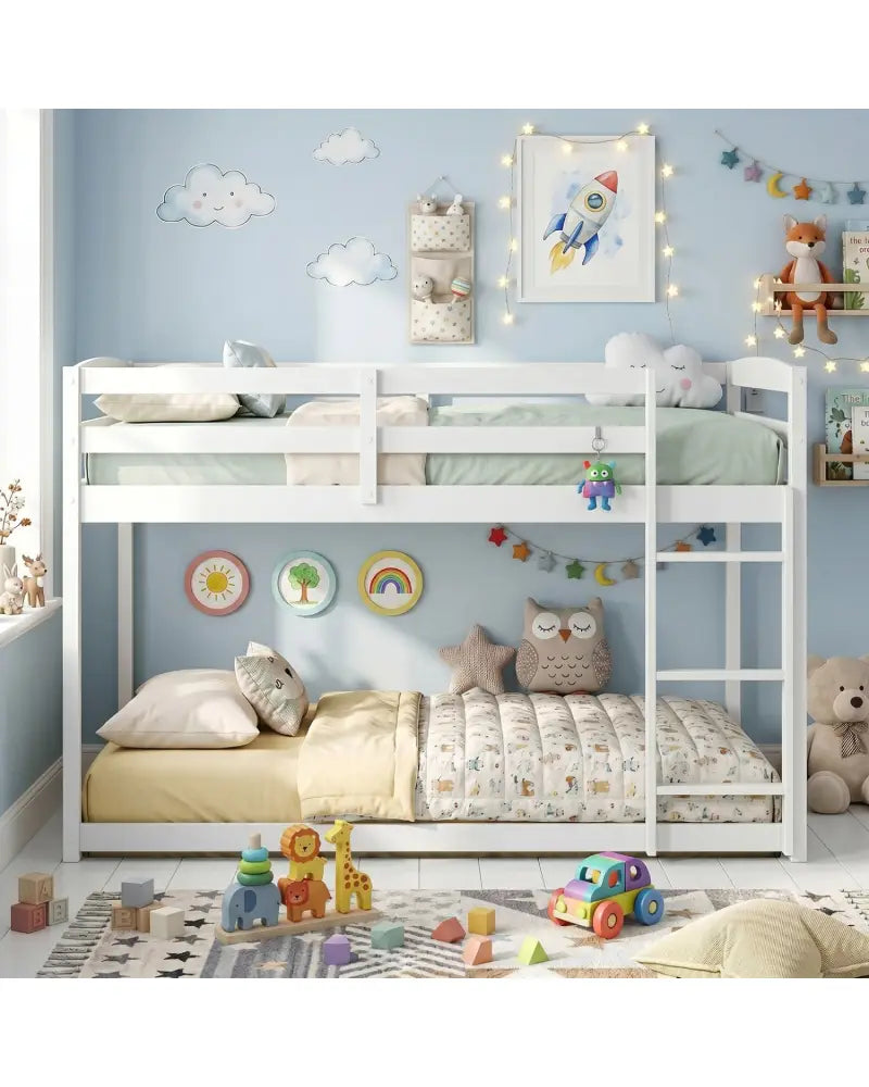 Full Over Full Bunk Bed with Integrated Ladder and Safety Guardrails Solid Wood-White - White - Bunk Bed Frame