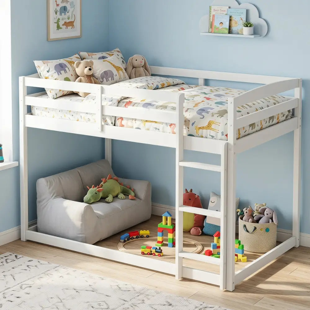 Full Over Full Bunk Bed with Integrated Ladder and Safety Guardrails Solid Wood-White - White - Bunk Bed Frame