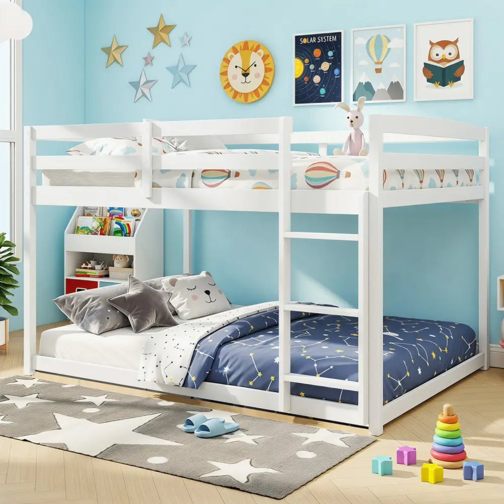 Full Over Full Bunk Bed with Integrated Ladder and Safety Guardrails Solid Wood-White - White - Bunk Bed Frame