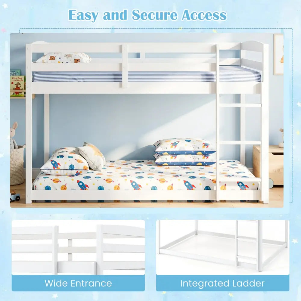 Full Over Full Bunk Bed with Integrated Ladder and Safety Guardrails Solid Wood-White - White - Bunk Bed Frame