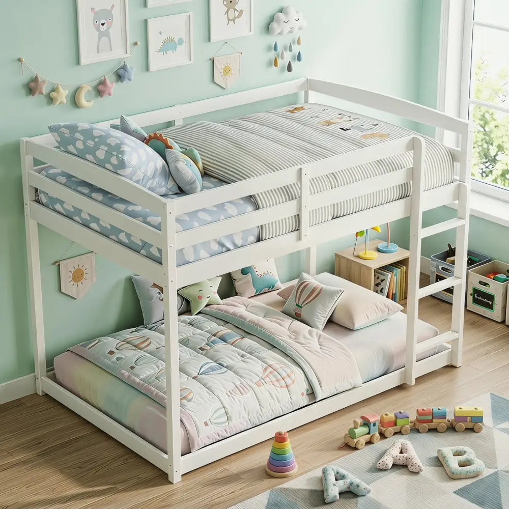 Full Over Full Bunk Bed with Integrated Ladder and Safety Guardrails Solid Wood-White - White - Bunk Bed Frame