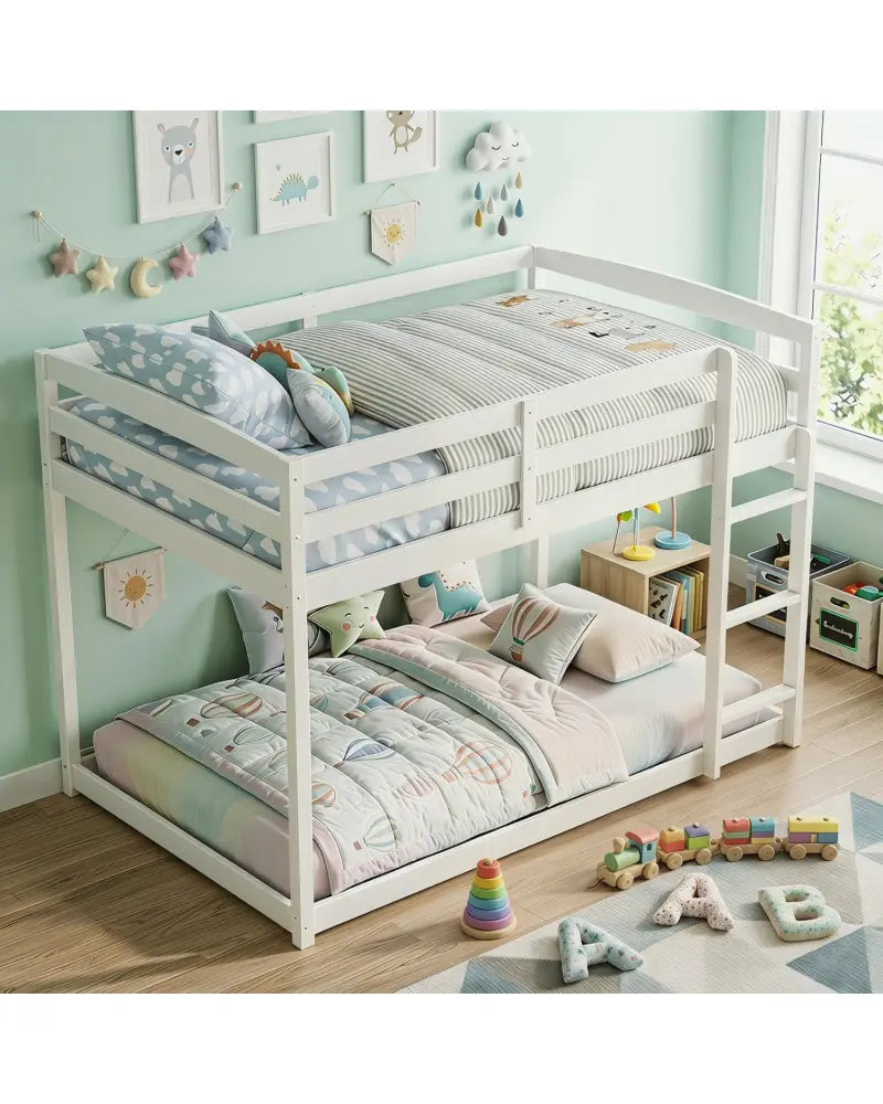 Full Over Full Bunk Bed with Integrated Ladder and Safety Guardrails Solid Wood-White - White - Bunk Bed Frame