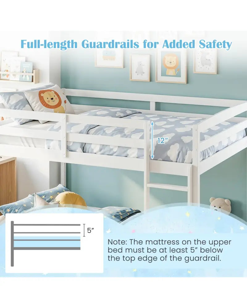 Full Over Full Bunk Bed with Integrated Ladder and Safety Guardrails Solid Wood-White - White - Bunk Bed Frame