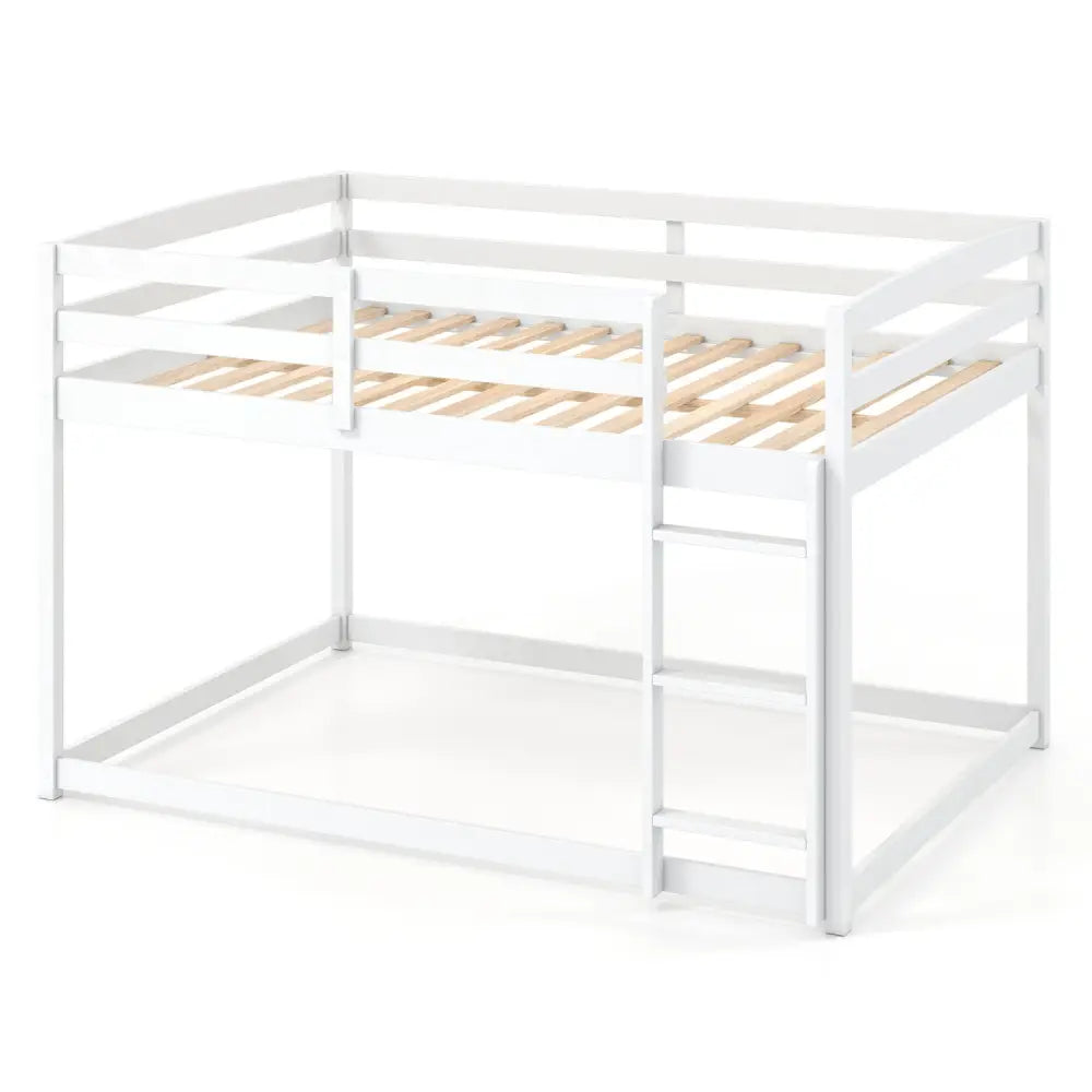 Full Over Full Bunk Bed with Integrated Ladder and Safety Guardrails Solid Wood-White - White - Bunk Bed Frame