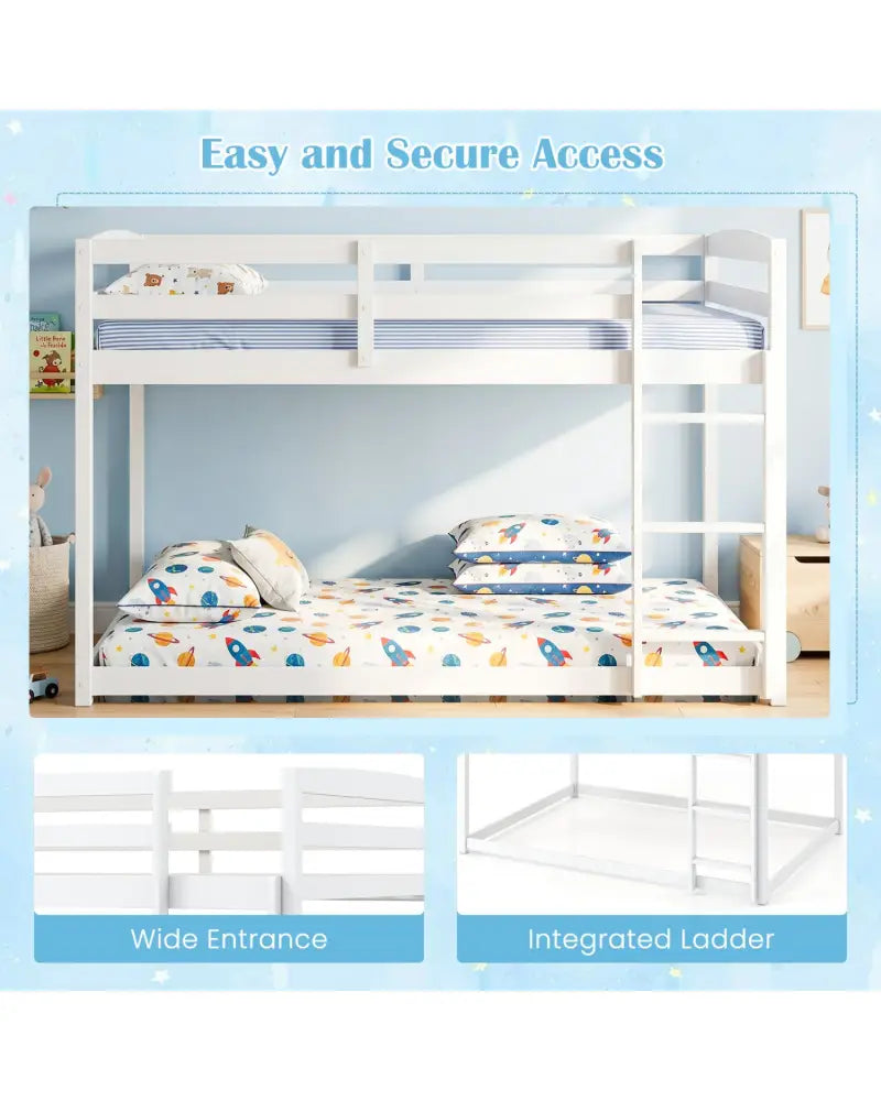 Full Over Full Bunk Bed with Integrated Ladder and Safety Guardrails Solid Wood-White - White - Bunk Bed Frame