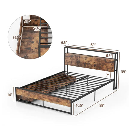 Full/Queen Bed Frame with 2-Tier Storage Headboard and Charging Station-Queen Size - Rustic Brown - Simple Bed Frame
