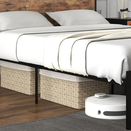 Full/Queen Bed Frame with 2-Tier Storage Headboard and Charging Station-Queen Size - Rustic Brown - Simple Bed Frame