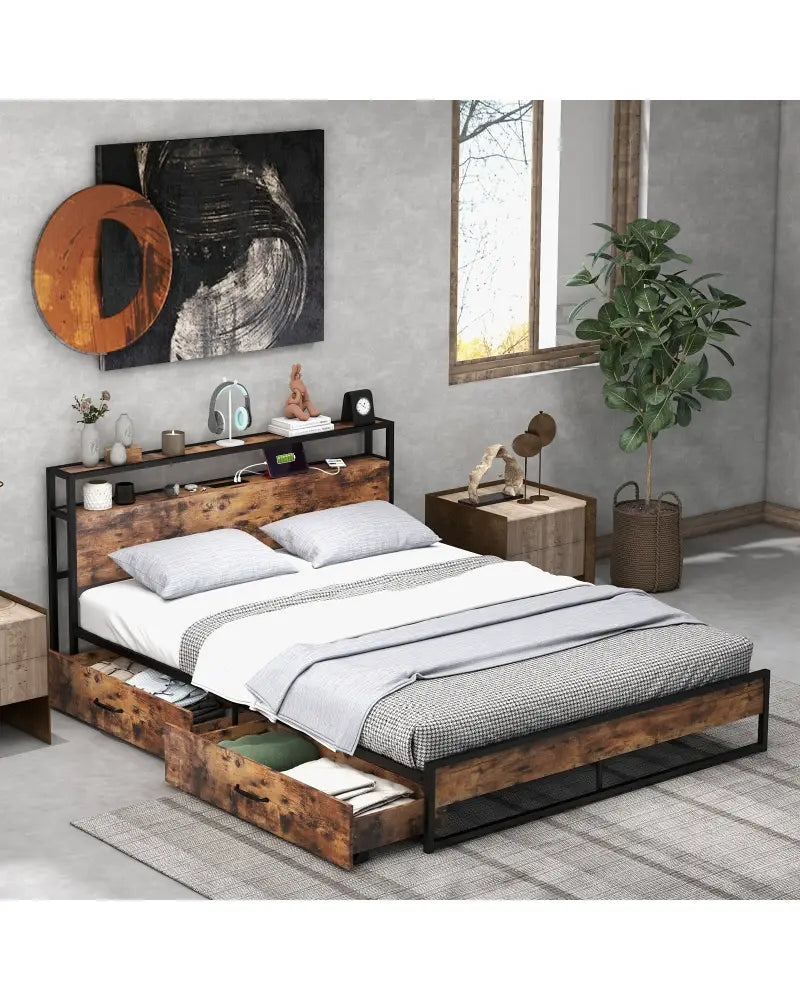 Full/Queen Bed Frame with 2-Tier Storage Headboard and Charging Station-Queen Size - Rustic Brown - Simple Bed Frame