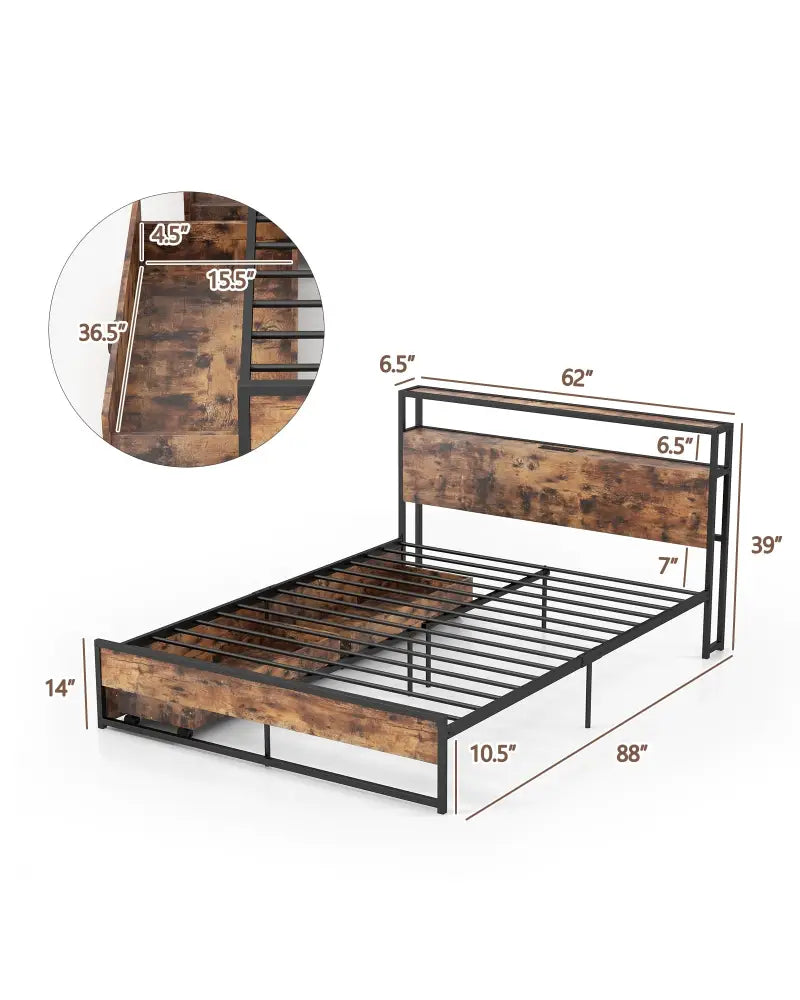 Full/Queen Bed Frame with 2-Tier Storage Headboard and Charging Station-Queen Size - Rustic Brown - Simple Bed Frame