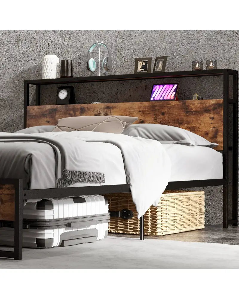 Full/Queen Bed Frame with 2-Tier Storage Headboard and Charging Station-Queen Size - Rustic Brown - Simple Bed Frame