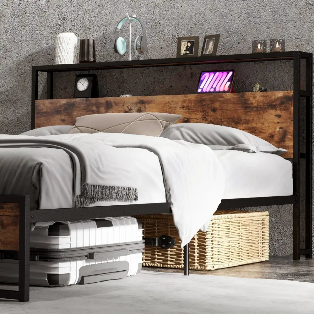 Full/Queen Bed Frame with 2-Tier Storage Headboard and Charging Station-Queen Size - Rustic Brown - Simple Bed Frame