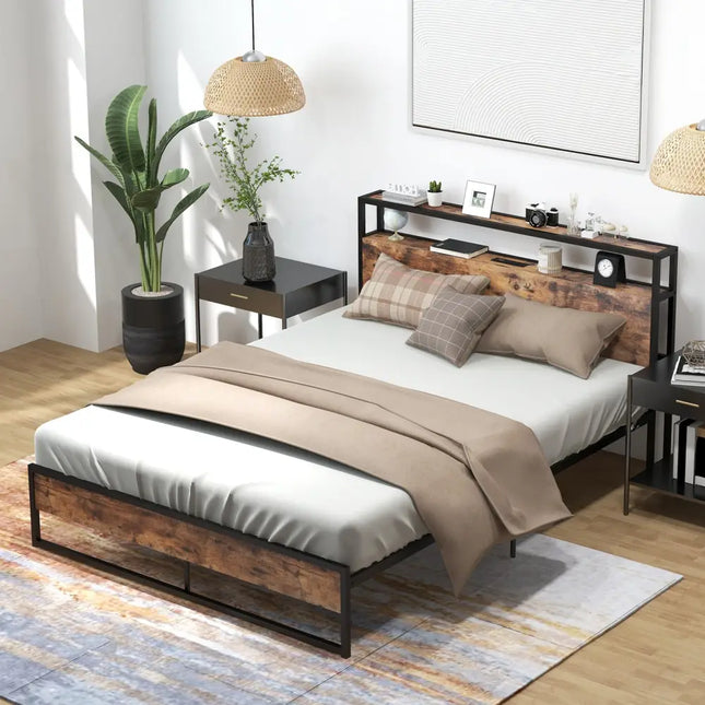 Full/Queen Bed Frame with 2-Tier Storage Headboard and Charging Station-Queen Size - Rustic Brown - Simple Bed Frame