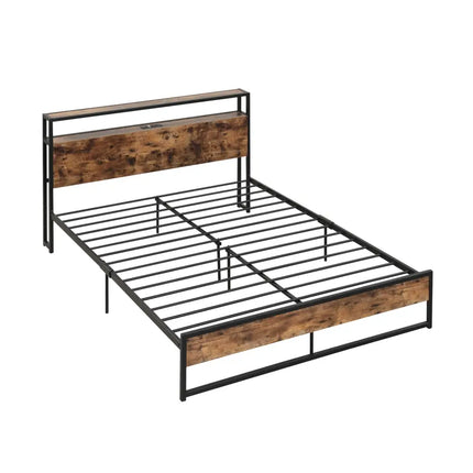 Full/Queen Bed Frame with 2-Tier Storage Headboard and Charging Station-Queen Size - Rustic Brown - Simple Bed Frame