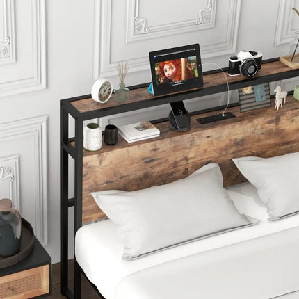 Full/Queen Bed Frame with 2-Tier Storage Headboard and Charging Station-Queen Size - Rustic Brown - Simple Bed Frame