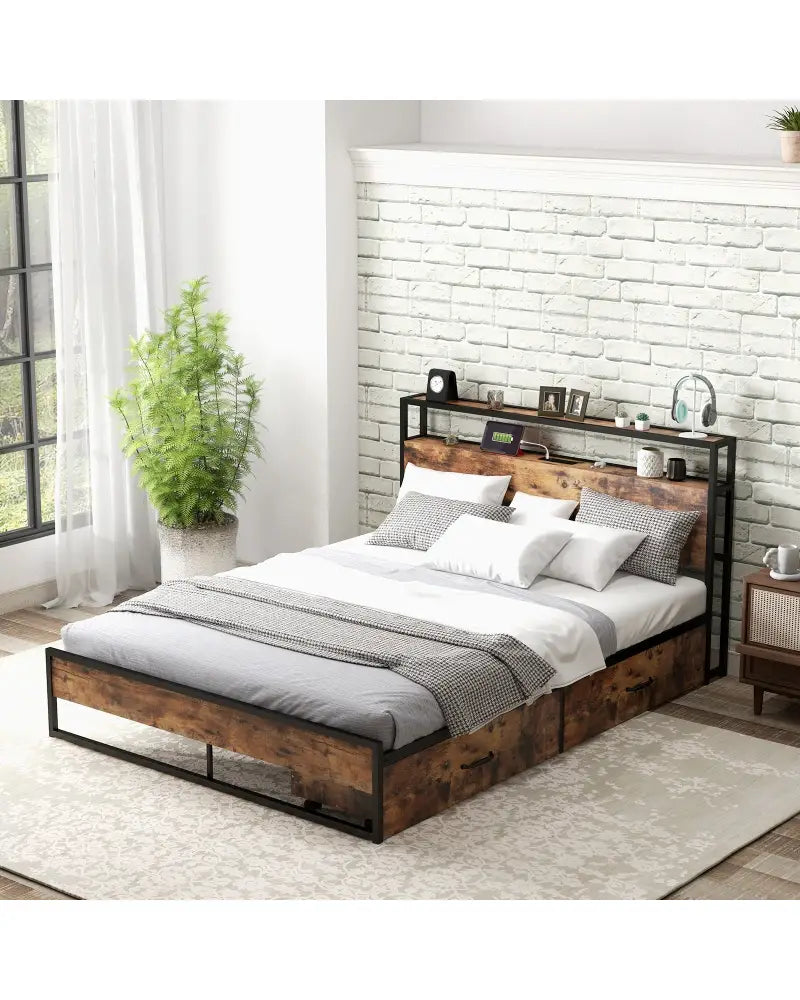 Full/Queen Bed Frame with 2-Tier Storage Headboard and Charging Station-Queen Size - Rustic Brown - Simple Bed Frame