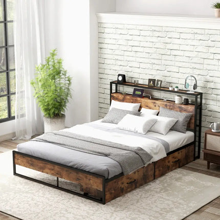 Full/Queen Bed Frame with 2-Tier Storage Headboard and Charging Station-Queen Size - Rustic Brown - Simple Bed Frame