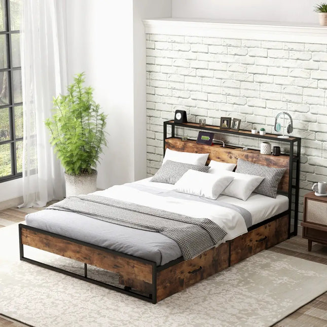 Full/Queen Bed Frame with 2-Tier Storage Headboard and Charging Station-Queen Size - Rustic Brown - Simple Bed Frame