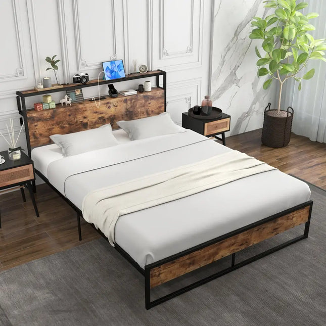 Full/Queen Bed Frame with 2-Tier Storage Headboard and Charging Station-Queen Size - Rustic Brown - Simple Bed Frame
