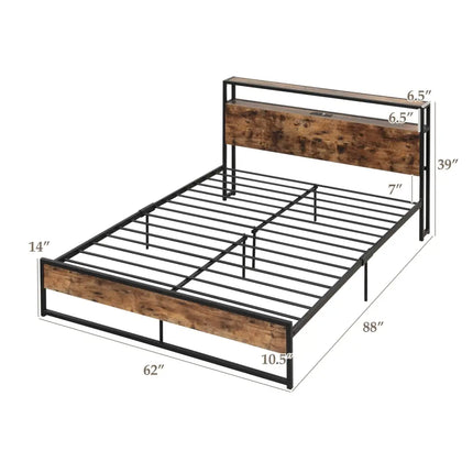 Full/Queen Bed Frame with 2-Tier Storage Headboard and Charging Station-Queen Size - Rustic Brown - Simple Bed Frame